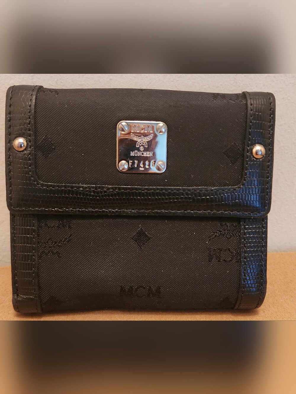 MCM Black Unisex Monogram Canvas/Leather Wallet with Silver Logo